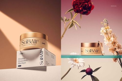 Cosmetics packaging mockup featuring a round jar with gold lid and box, shown in a modern studio setting.