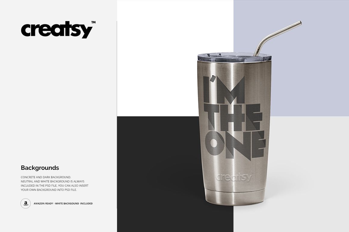 Front view of a 20 oz stainless steel tumbler with metallic finish, engraved text design, and metal straw on a geometric background.