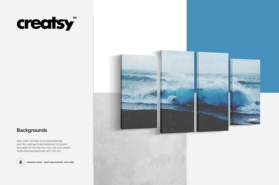 Set of four canvas prints with ocean wave artwork, displayed against a white and blue wall in a studio mockup scene.