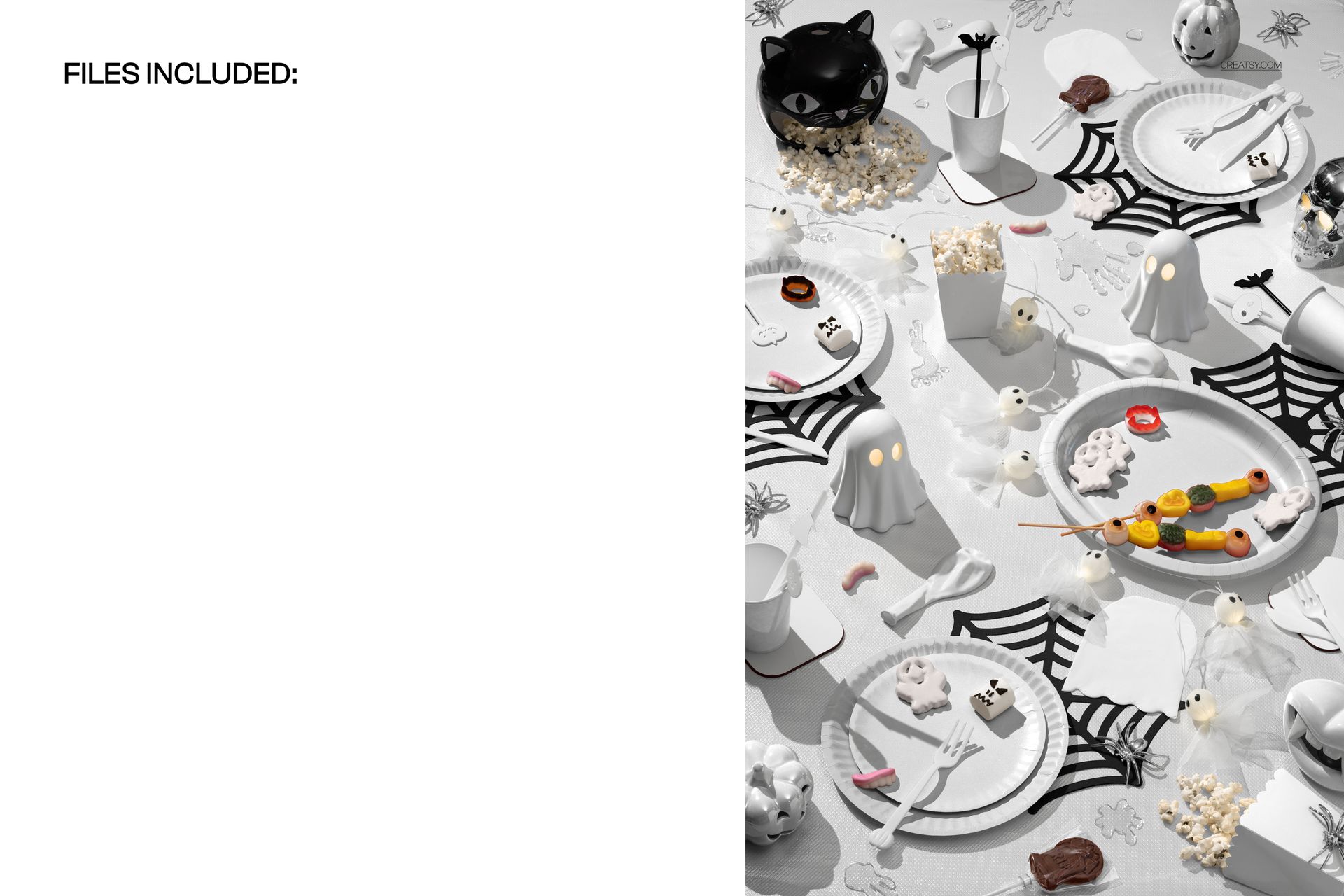 Halloween party table mockup featuring white dishes, popcorn, ghost figures, and black spiderweb designs on the tablecloth.