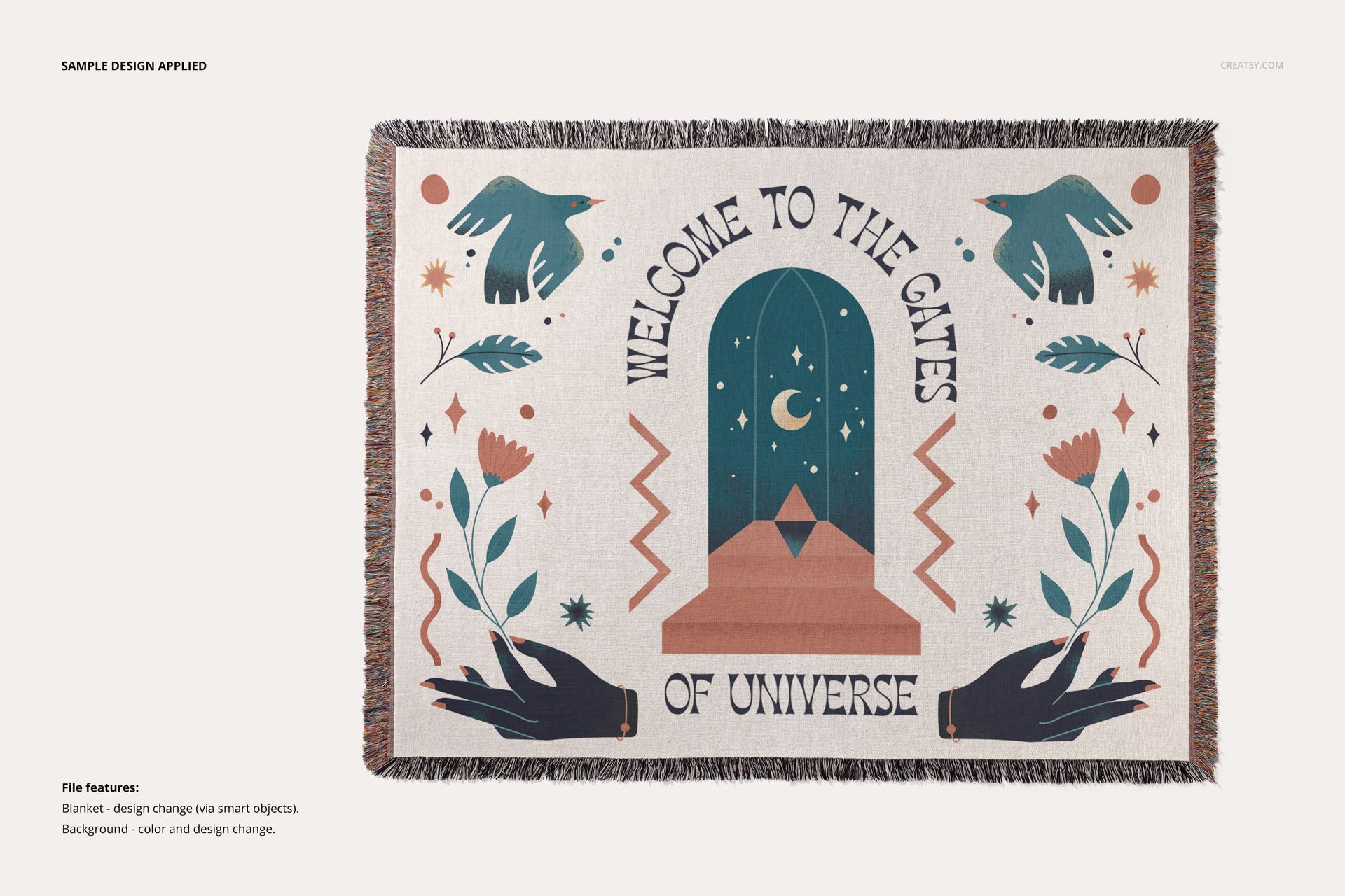 Fringed woven throw blanket with a colorful cosmic-themed design, shown flat on a neutral background in a mockup.