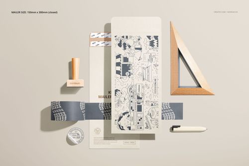 Flat lay of kraft mailer packaging mockup set with illustrated designs, ruler, pen, stamp, and sticker on beige surface.