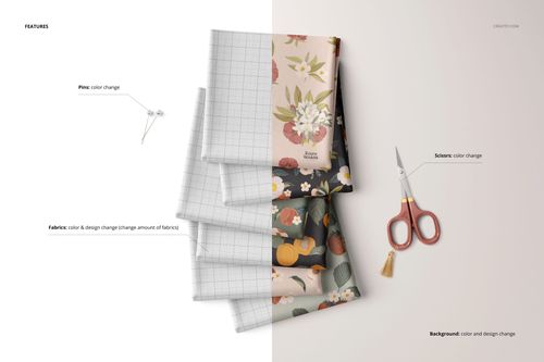 Folded fabrics mockup showing multiple textile layers with floral and grid designs, scissors, and a pin included.