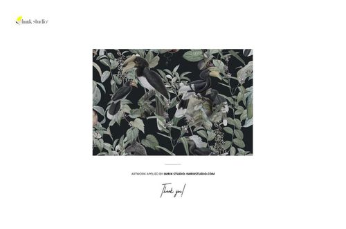 Rectangular tablecloth fabric mockup featuring a botanical pattern with leaves and birds on a dark background, front view.