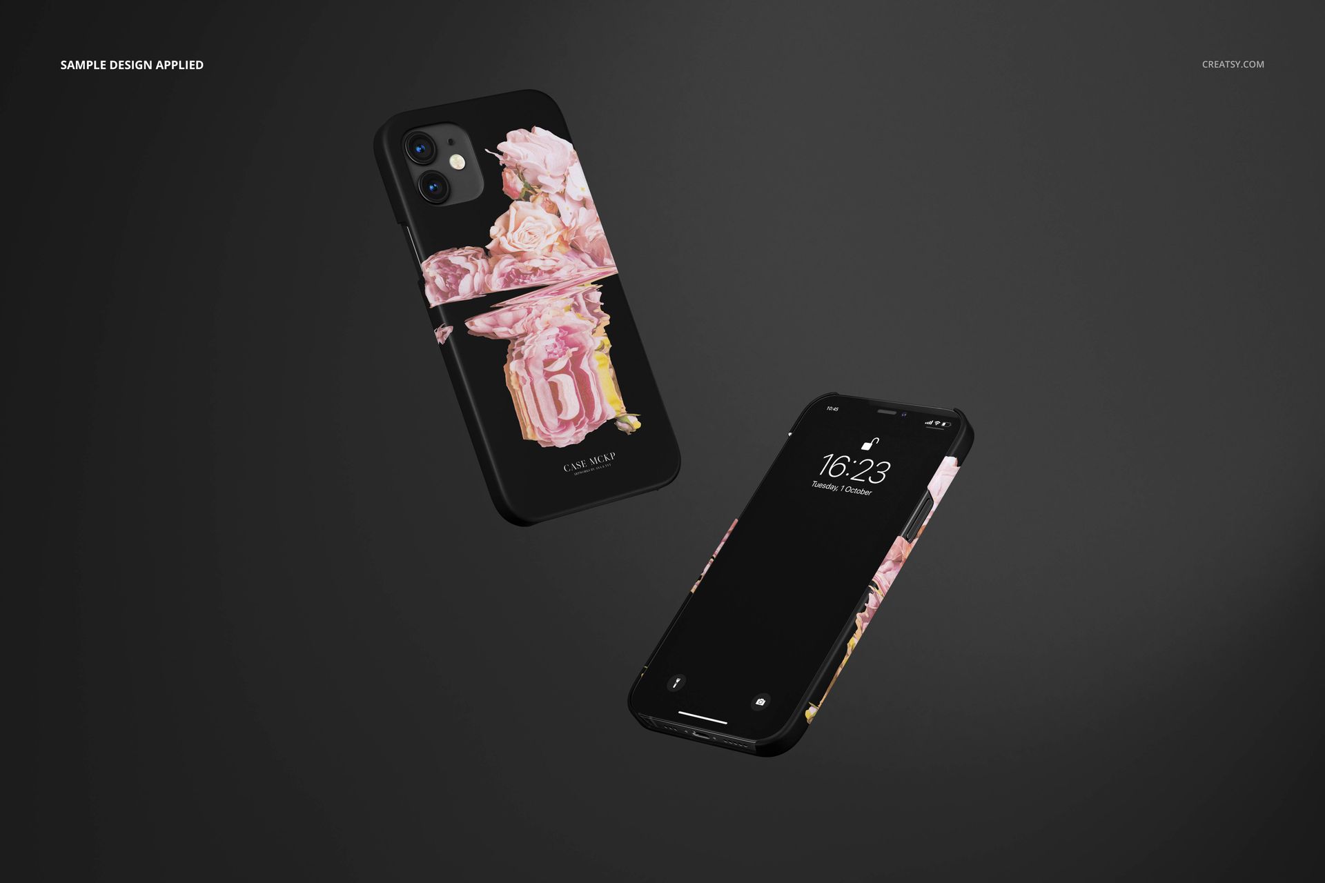iPhone 12 matte snap case PSD mockup featuring pink flower design, displayed from angled and front views on black.