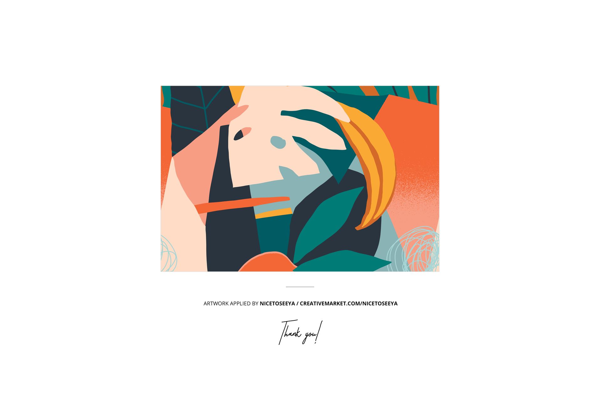Abstract colorful artwork with geometric shapes and bold lines in orange, teal, and beige on a white background.