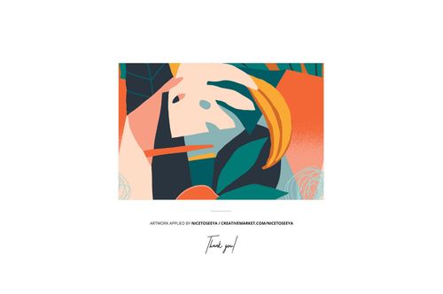 Abstract colorful artwork with geometric shapes and bold lines in orange, teal, and beige on a white background.