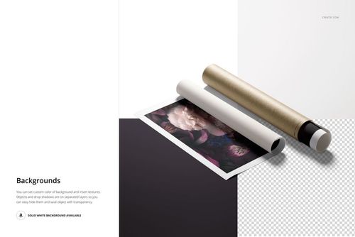 PSD mockup of a square canvas print and tube, with the print partially unrolled and floral art visible.