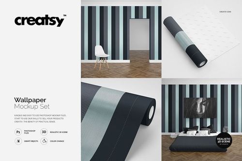 Wallpaper mockup set featuring three views of striped wallpaper rolls and two interior scenes with striped walls.