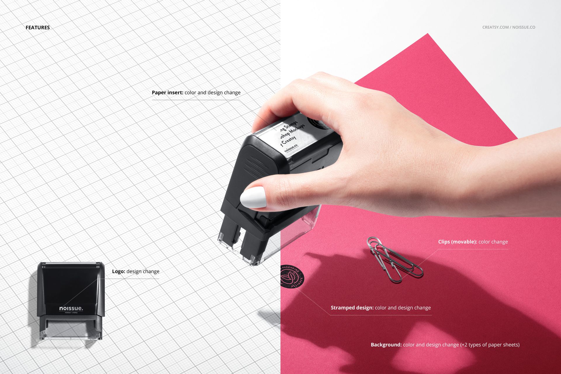 Self-inking stamp mockup set with black stamps, grid paper background, and hand stamping on red paper.