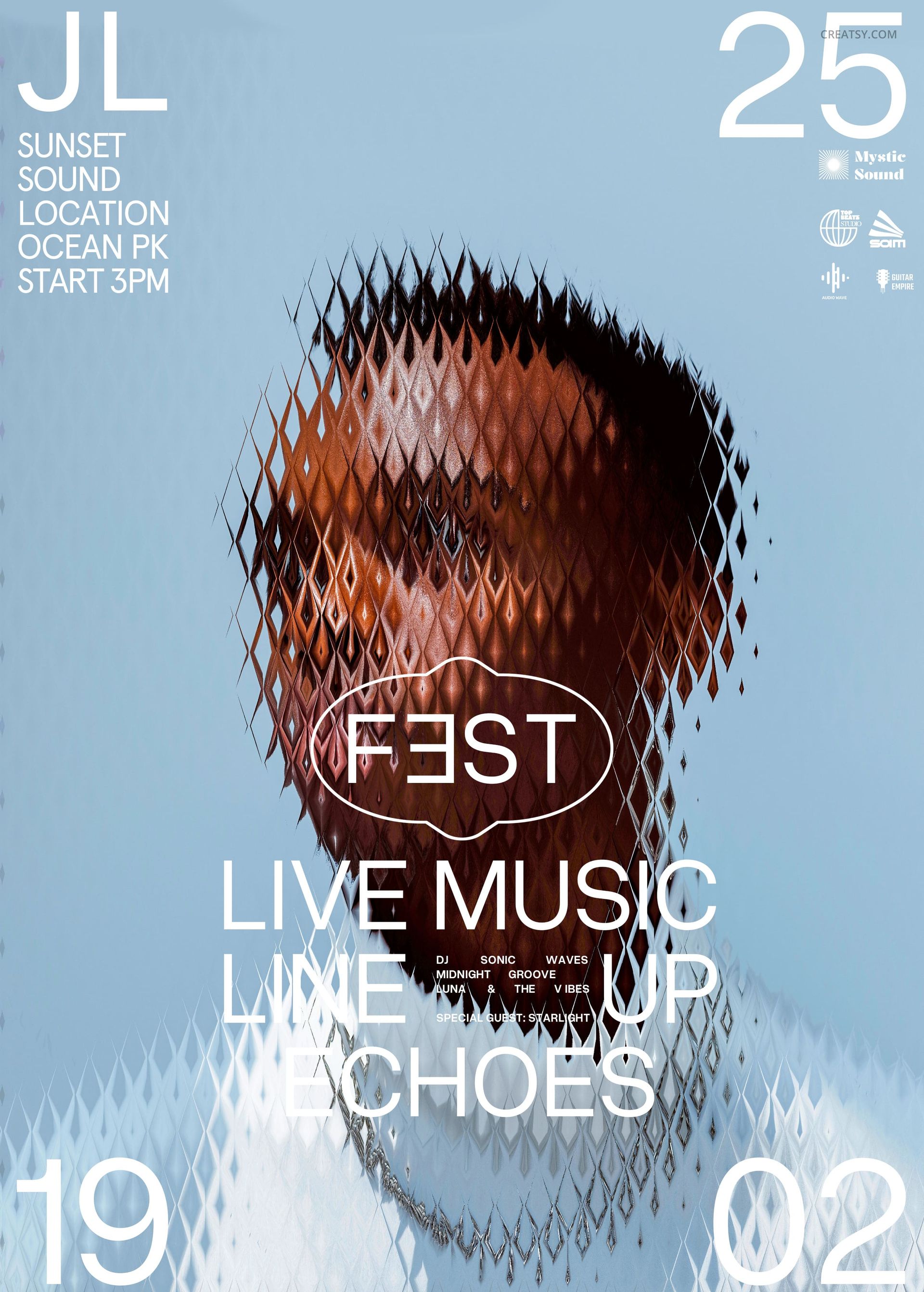 Poster mockup showing a close-up of a face with a diamond-shaped glitch pattern and white festival details overlay.