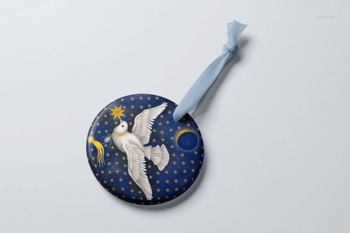 Round Christmas ornament mockup with a white dove and gold star pattern on a dark blue background, top view.