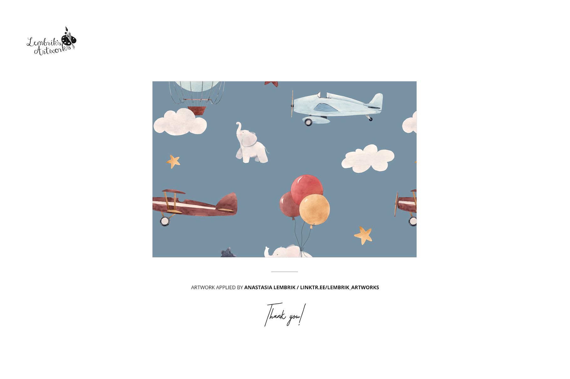 Front view of a baby toddler fleece onesie mockup with a blue background featuring airplanes, balloons, clouds, and elephants.