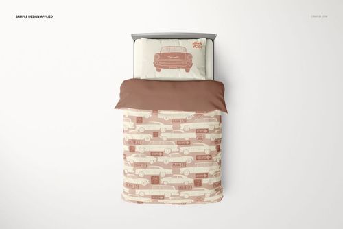 Kids bedding set mockup featuring a top view of a bed with a car-themed pillow and patterned duvet in beige and brown tones.