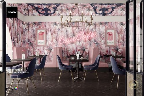 PSD mockup of a stylish cafe featuring floral wallpaper, blue chairs, pink seating, and neon wall signage in a wide angle.