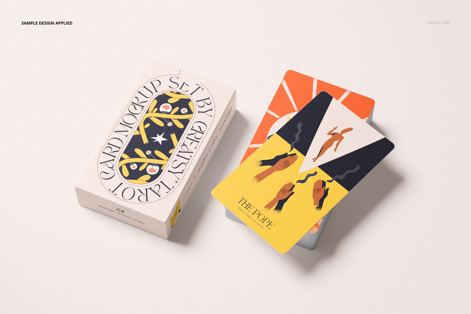 Tarot cards mockup showing a deck with illustrated cards and a decorative box, displayed on a light surface, top view.