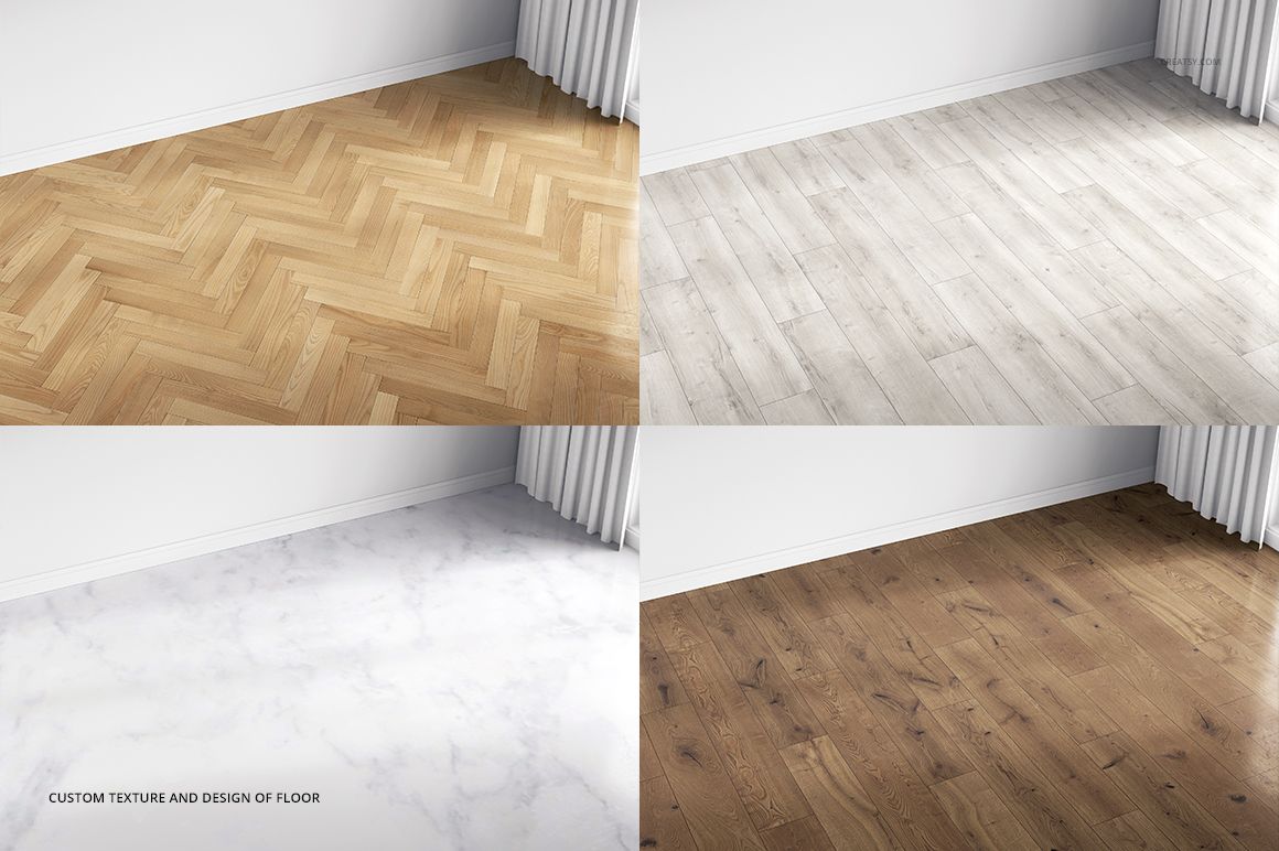 Mockup of a kids room floor with four different carpet textures and colors, shown from a top angled view.