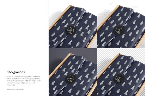Top view of a mailer box with navy blue tissue paper featuring white tree patterns, displayed in a PSD mockup set.