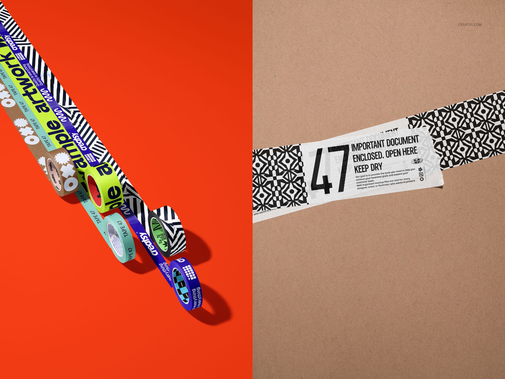 Various packaging tape rolls with geometric and text patterns displayed on a bright orange surface in a diagonal layout.