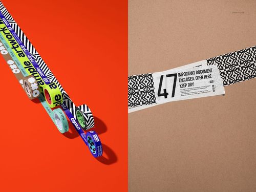 Various packaging tape rolls with geometric and text patterns displayed on a bright orange surface in a diagonal layout.