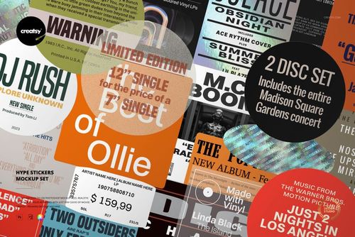 PSD mockup set displaying 25 editable stickers with music references, colorful fonts, and graphic elements in a scattered layout.