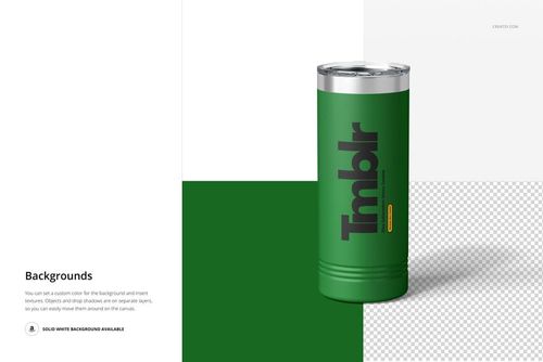 22oz skinny tumbler mockup featuring a green powder coated surface and metallic lid, displayed upright on a color block background.