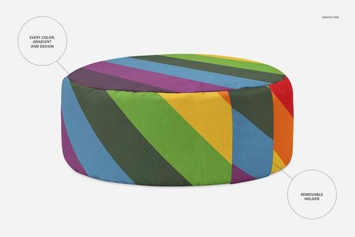 Colorful striped meditation cushion mockup shown from a front angle, featuring bold diagonal lines in various hues.