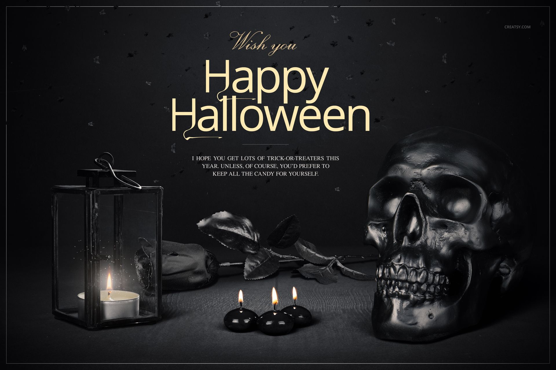 Moody Halloween mockup featuring a black skull, candle lantern, three small candles, and scattered leaves.