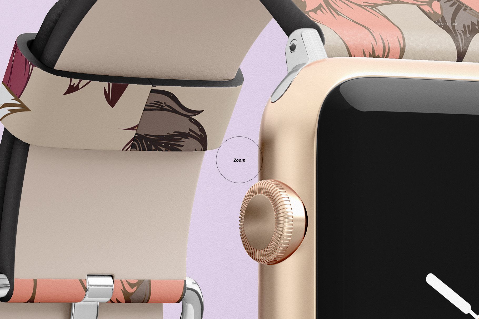 Detailed mockup of an Apple Watch leather band with a pink and brown floral design, shown from a side angle.