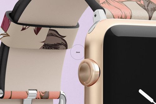 Detailed mockup of an Apple Watch leather band with a pink and brown floral design, shown from a side angle.