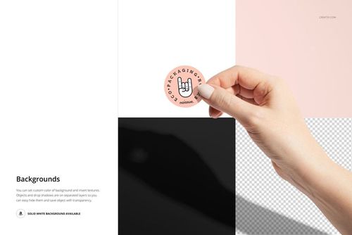 Hand holding a round sticker mockup featuring a minimal design, displayed over four color-blocked background sections.