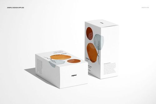 PSD mockup of two upright packaging boxes with modern abstract graphics, displayed on a clean, white background.