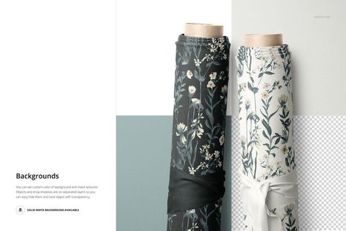 Front view of two fabric rolls with floral patterns, one dark and one light, displayed in a textile mockup scene.