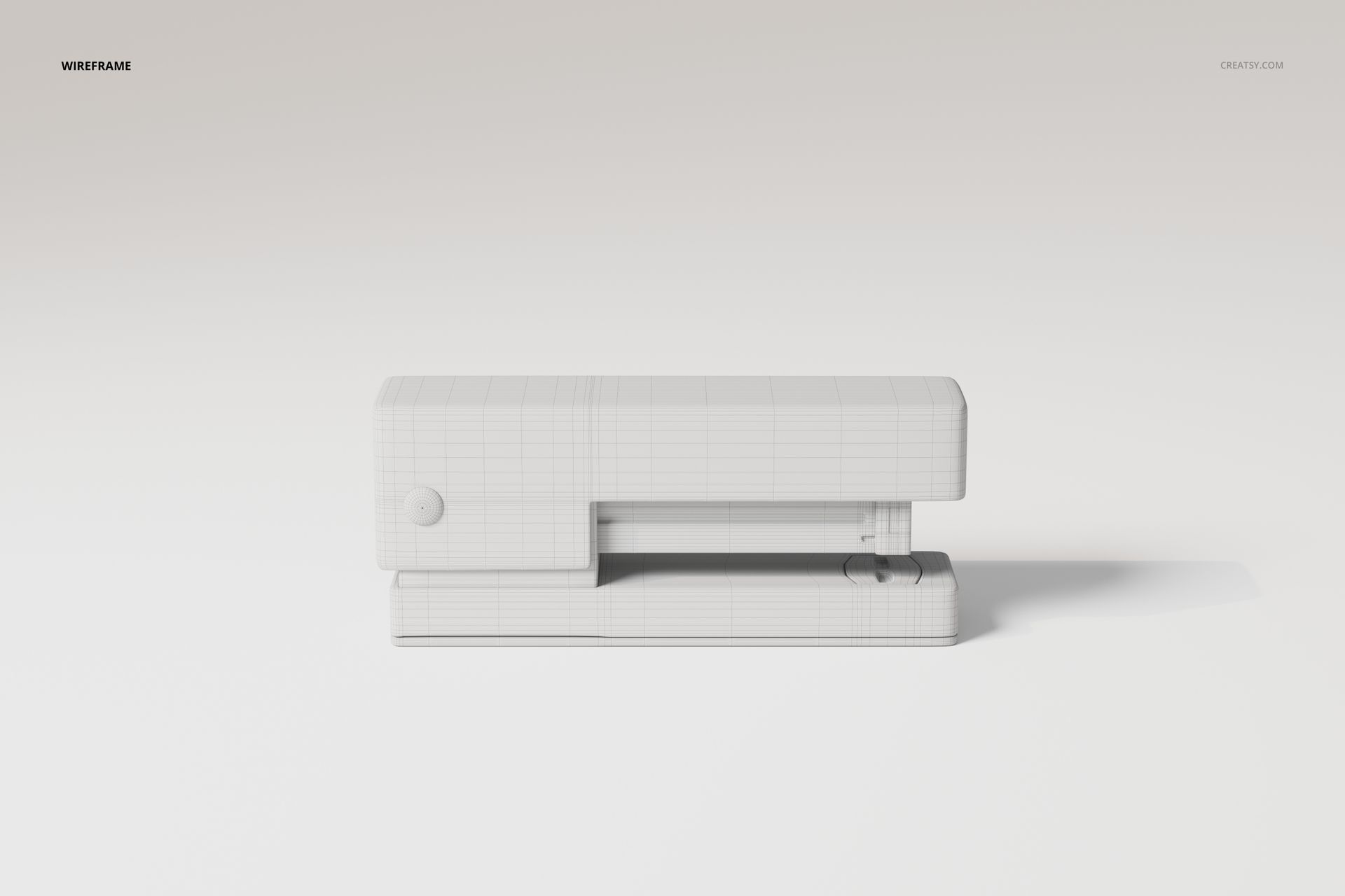Modern desk stapler 3D model in white wireframe style, shown from the side against a plain light background.