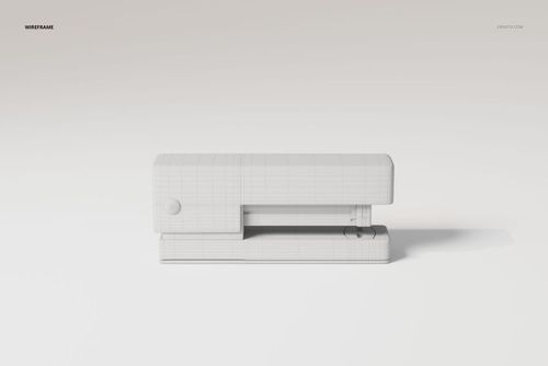 Modern desk stapler 3D model in white wireframe style, shown from the side against a plain light background.