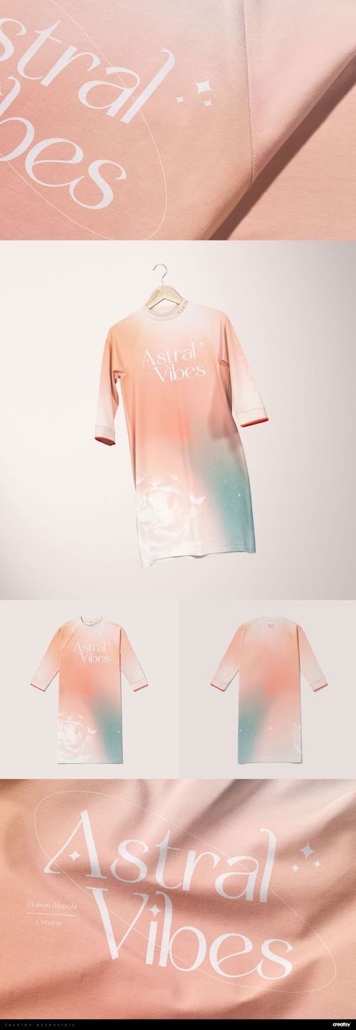 Front view of a raglan sweatshirt dress mockup in pastel peach and blue gradient, displayed on a hanger.