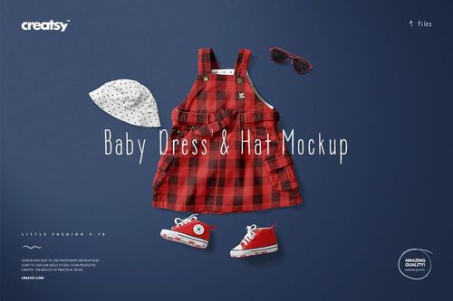 Front view of a baby dress and hat mockup set featuring a red plaid dress, white hat with black dots, red sneakers, and sunglasses on a dark blue background.