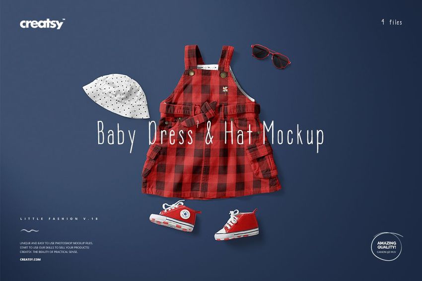 Front view of a baby dress and hat mockup set featuring a red plaid dress, white hat with black dots, red sneakers, and sunglasses on a dark blue background.