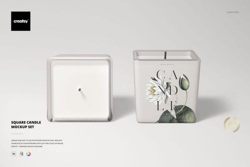 Square candle mockup featuring a front view with botanical artwork and a top view showing white wax and wick.