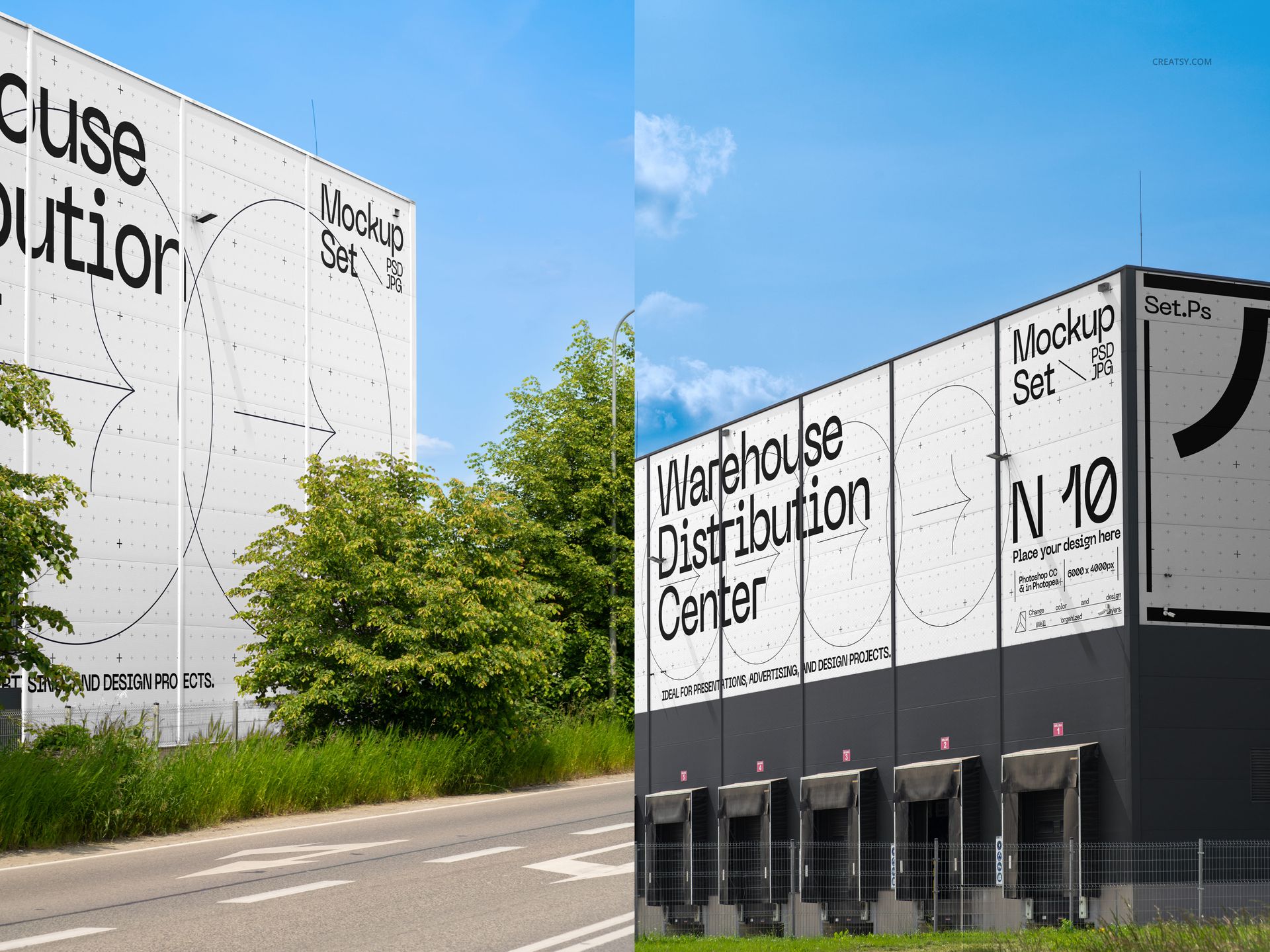 Modern warehouse exterior featuring prominent black and white mockup set graphics, viewed from the roadside with greenery nearby.
