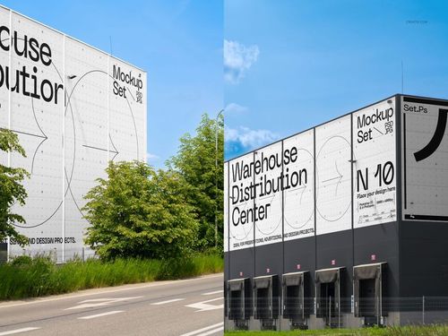 Modern warehouse exterior featuring prominent black and white mockup set graphics, viewed from the roadside with greenery nearby.