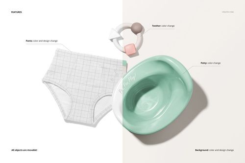Toddler training pants mockup set showing a pair of pants, a mint green potty, and a teether on a split background.