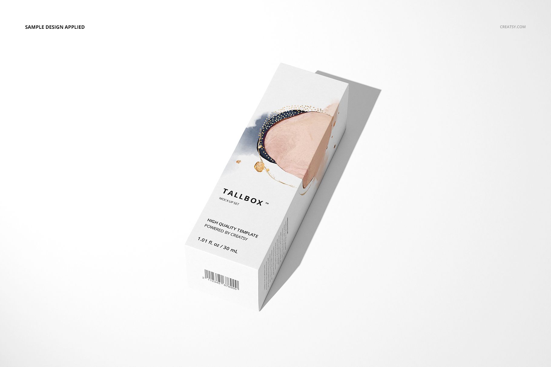 Tall packaging box mockup featuring soft pastel abstract artwork, angled on a clean, light surface.