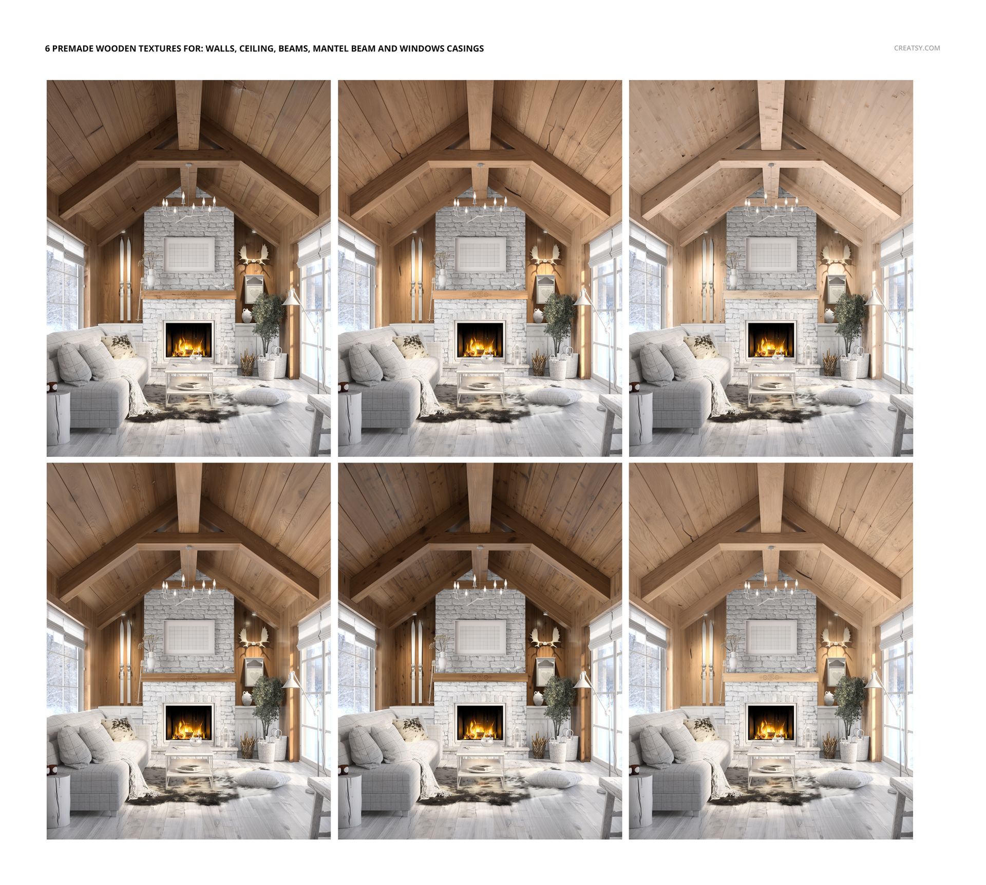 Scandinavian rustic living room mockup with timber ceiling, stone fireplace, cozy sofa, and decorative accents.