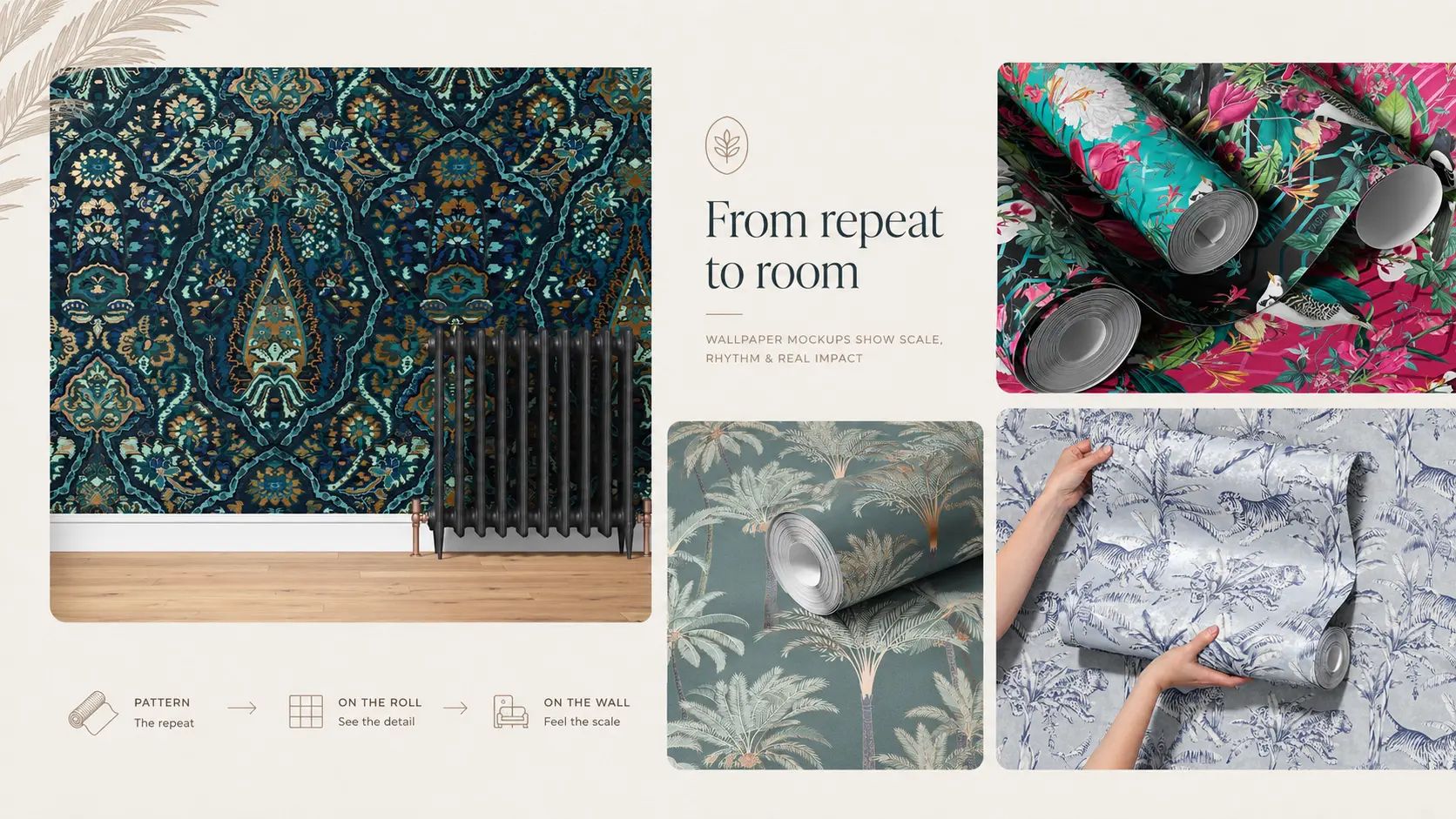 Wallpaper mockups showing a damask repeat on a wall and tropical patterns on wallpaper rolls being unrolled