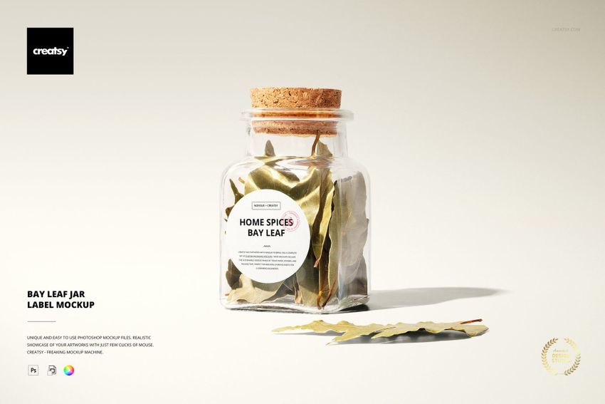Bay leaf jar PSD mockup with cork lid, transparent glass, and visible bay leaves, displayed from a front angle.