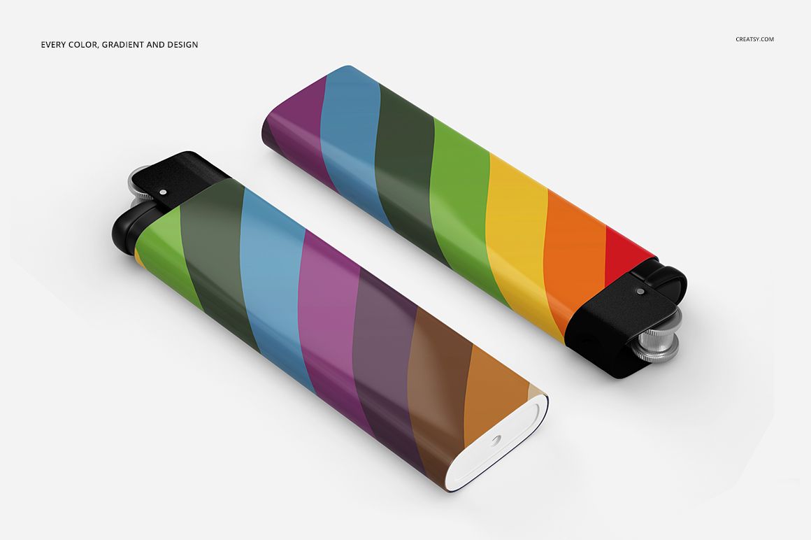 Colorful striped lighters displayed side by side, featuring a mockup design on a plain white background.