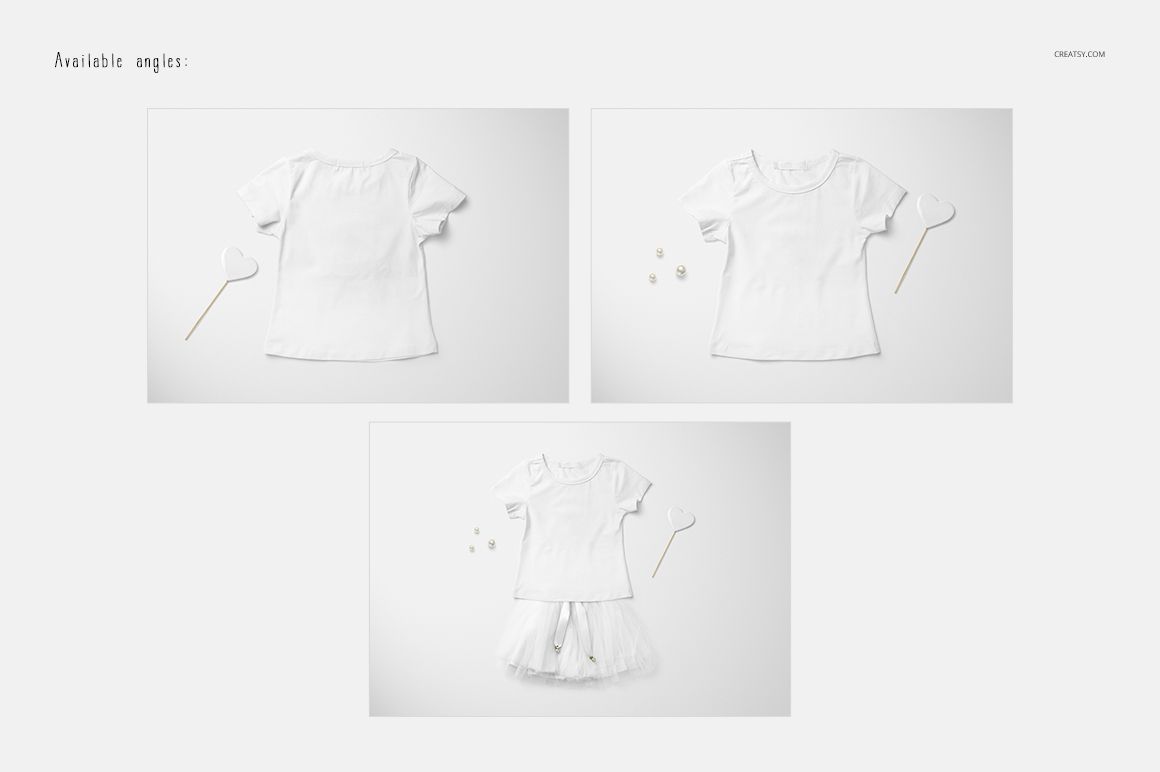 Girls T-shirt and skirt mockup set showing a plain white T-shirt and skirt from top view on a light background.