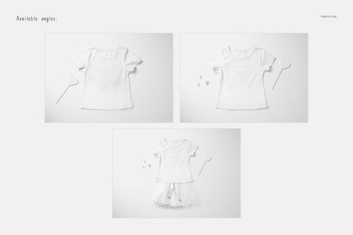 Girls T-shirt and skirt mockup set showing a plain white T-shirt and skirt from top view on a light background.