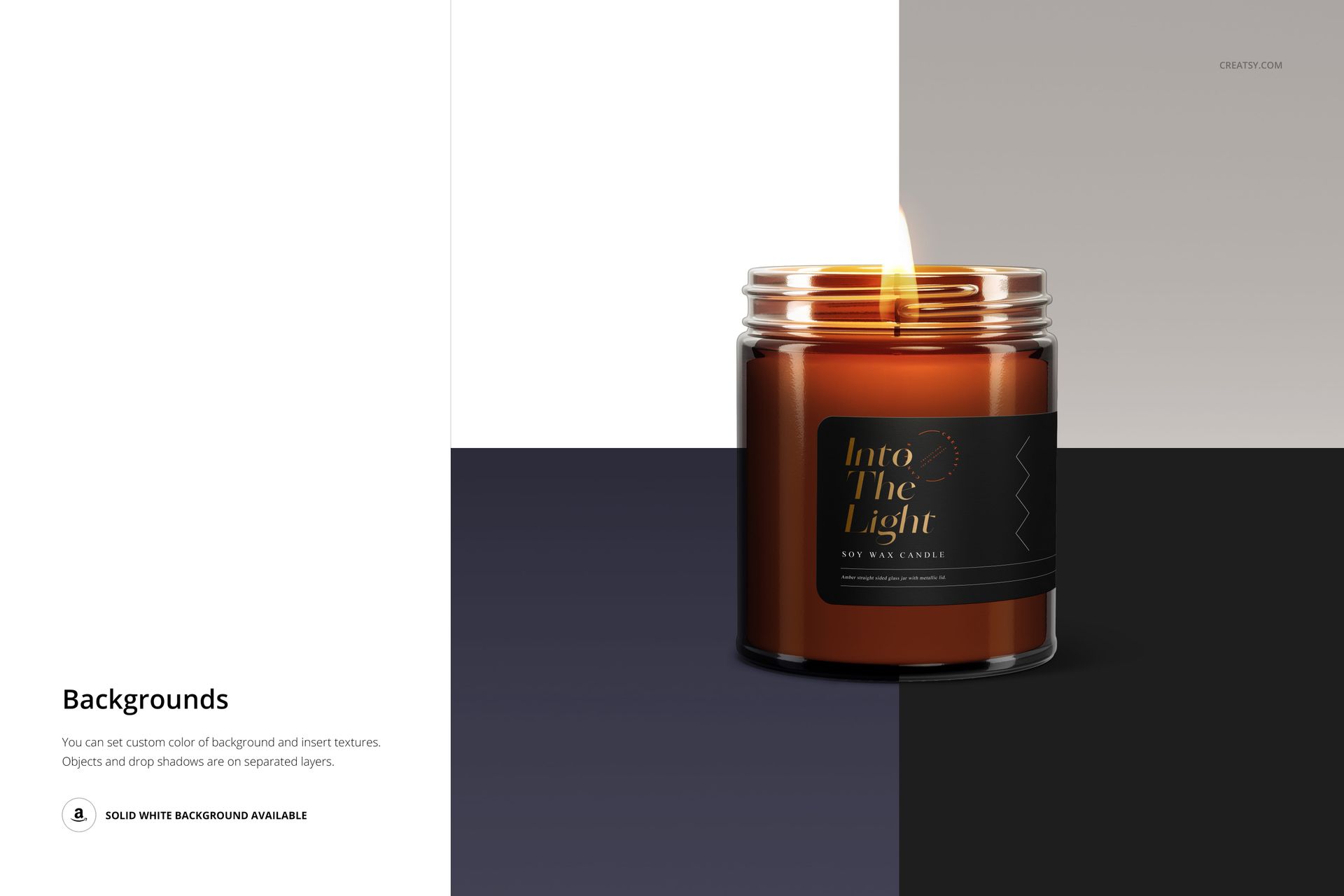 Front view of an amber jar candle mockup with a burning wick and black label, placed on color-blocked surfaces.